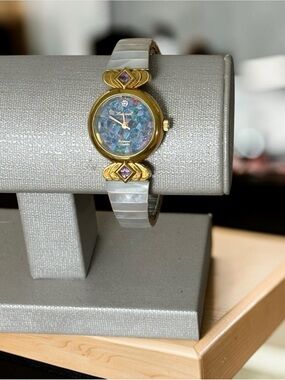Mother-of-Pearl Band Amethyst Crystal Gold Tone Watch Bracelet